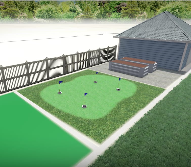 Landscape design rendering for a backyard putting green plan